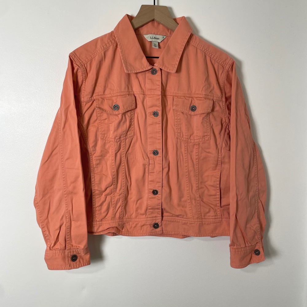 LL Bean Denim Jacket Women XL Pet Coral Pink Stretch Cotton Layering Coastal‎